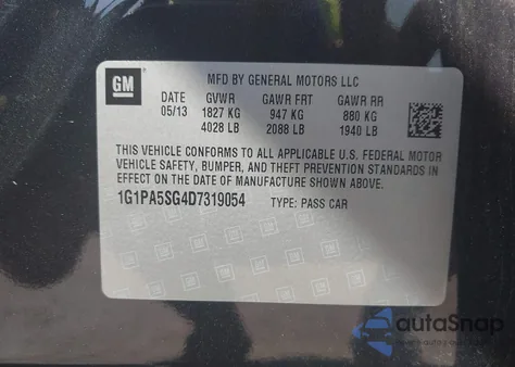 2013 Chevrolet Cruze Ls Auto z USA, uszkodzony, nr VIN 1G1PA5SG4D7319054